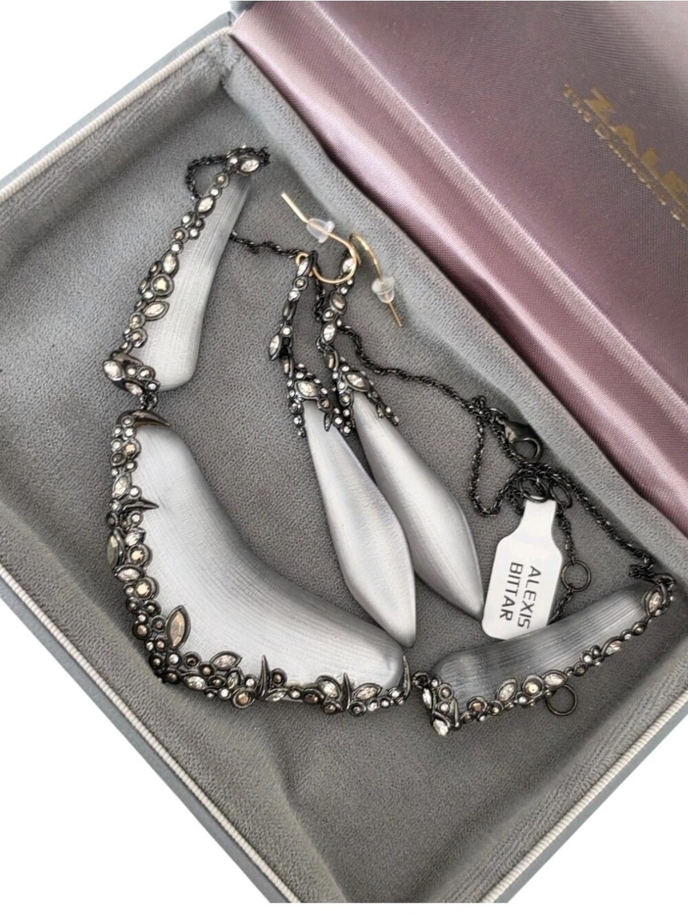 Alexis Bittar Luminous Gray Taupe Lucite Crystal Necklace & Dangle Earrings Set